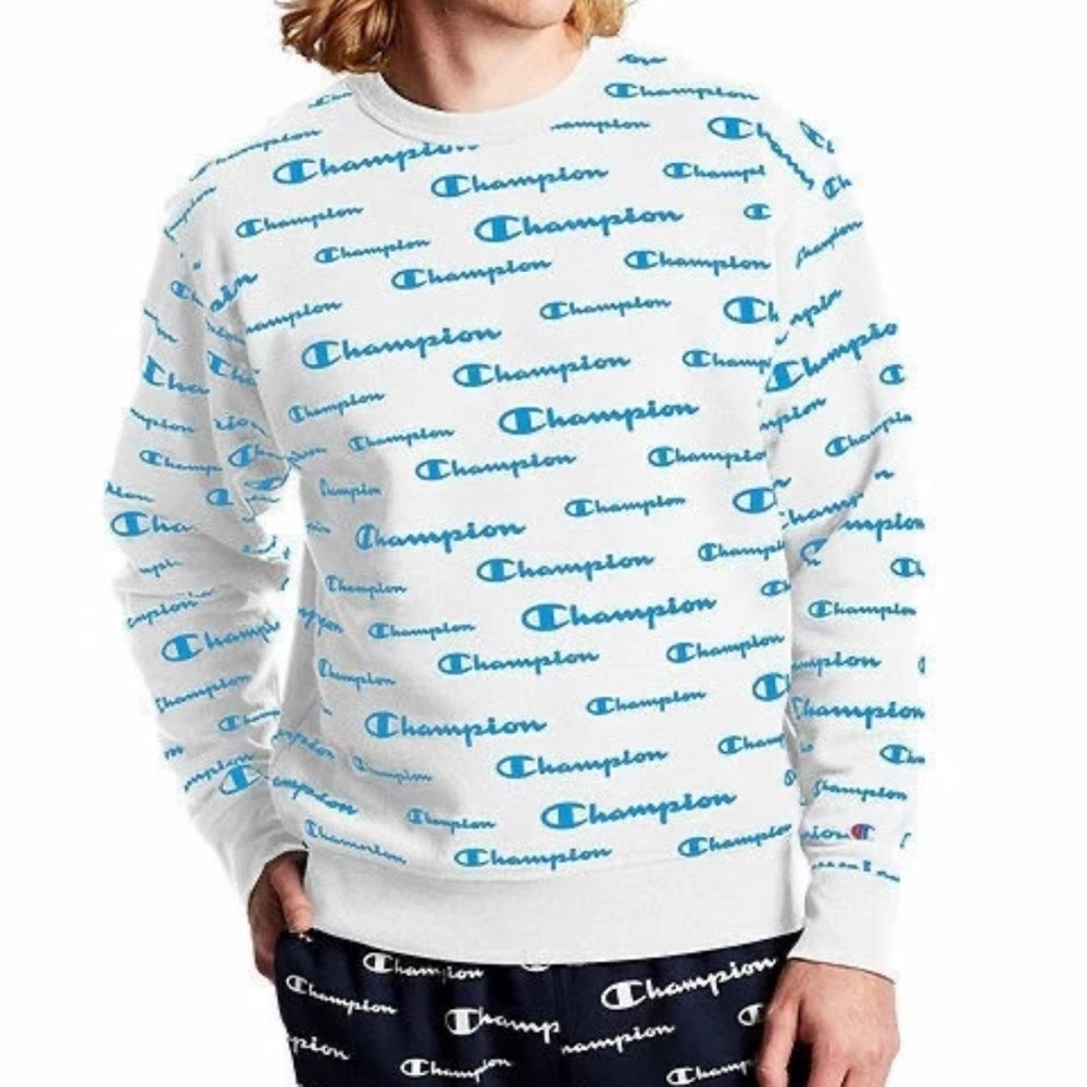 Champion Men’s White Script Logo Fleece Pullover Sweatshirt, Size S, XL, XXL